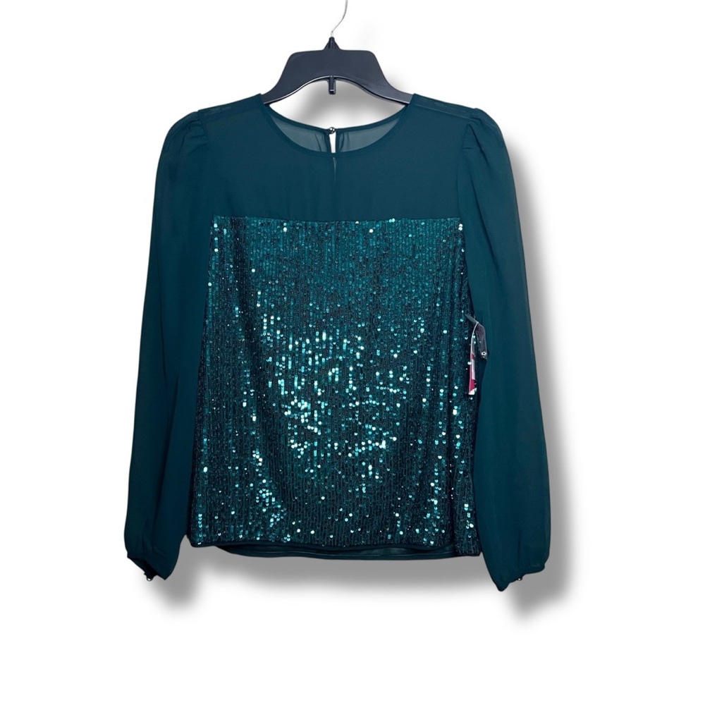 Vince Camuto women’s green sequin and mesh long-sleeve blouse
